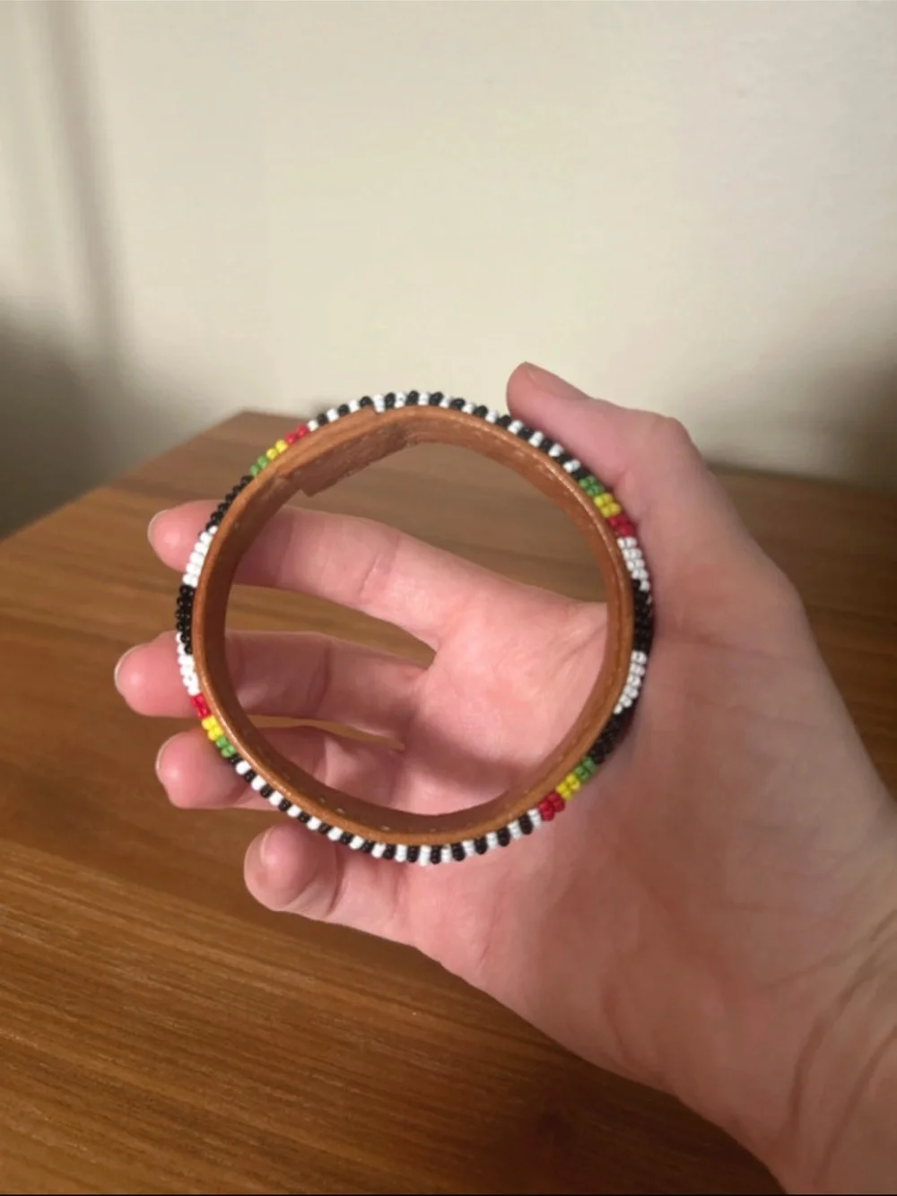 1970s Beaded Bangle Bracelet w/ Red, Yellow, Green Accents
